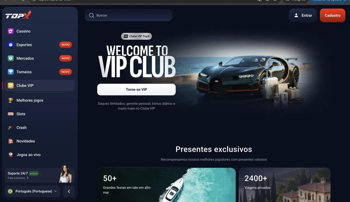 Página do Clube VIP da TopX com carro esportivo e botão Torne-se VIP